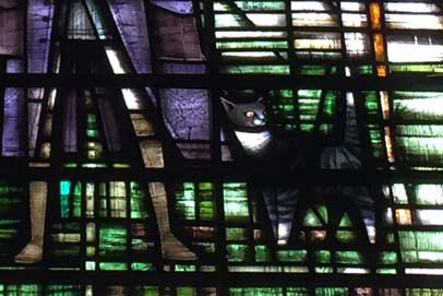 Dick Whittington and his cat in stained glass